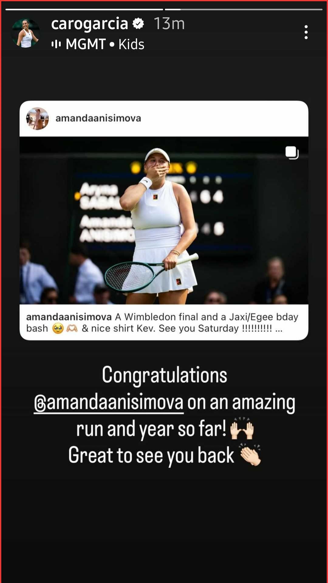 Caroline Garcia's Instagram Story